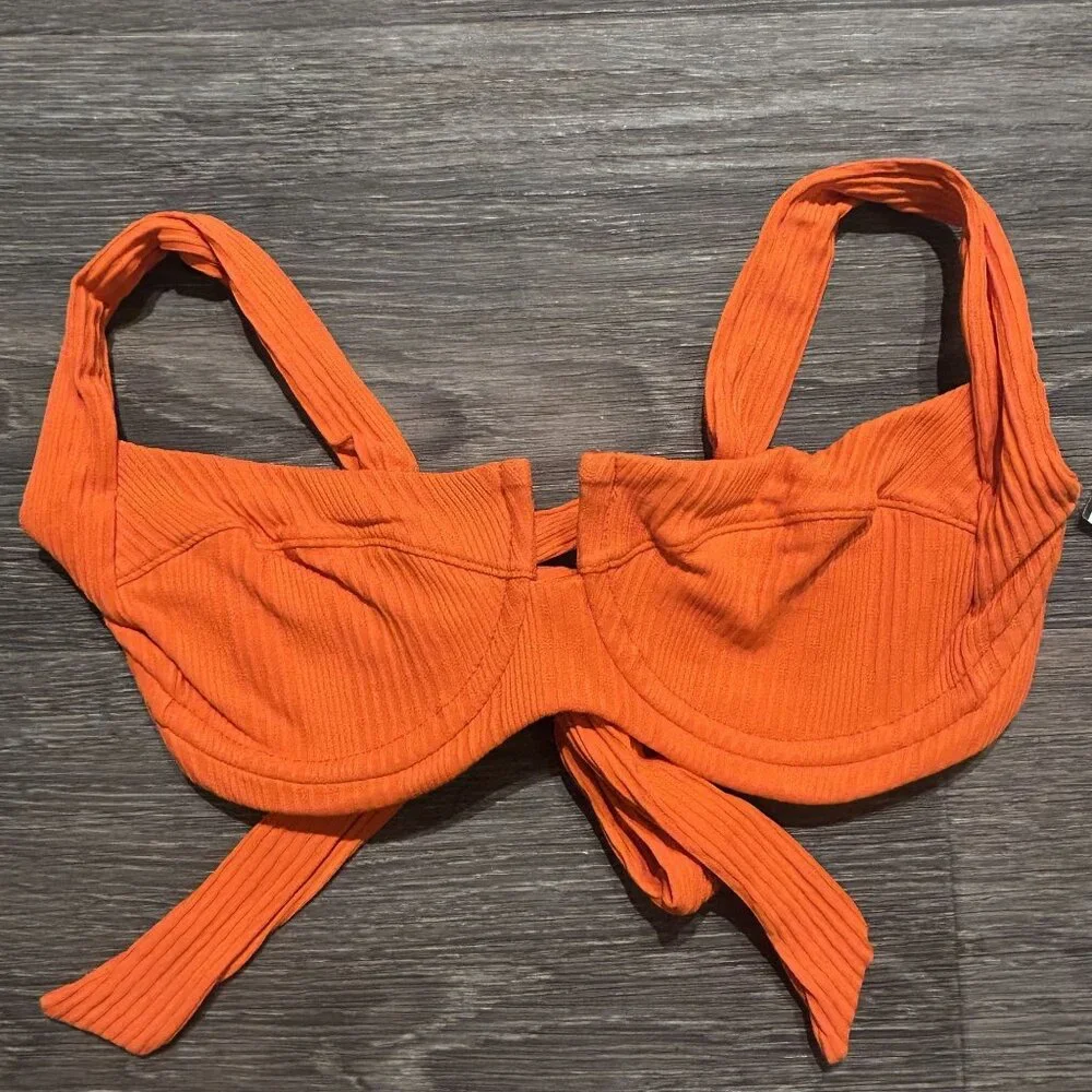 NWT L*Space Small Camellia Top Orange Poppy Tie Back Demi Cup Ribbed Swim
